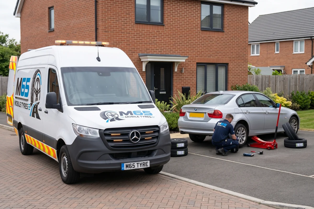 M65 Mobile Tyres technician fitting a tyre on a customer car outside a home in Lancashire